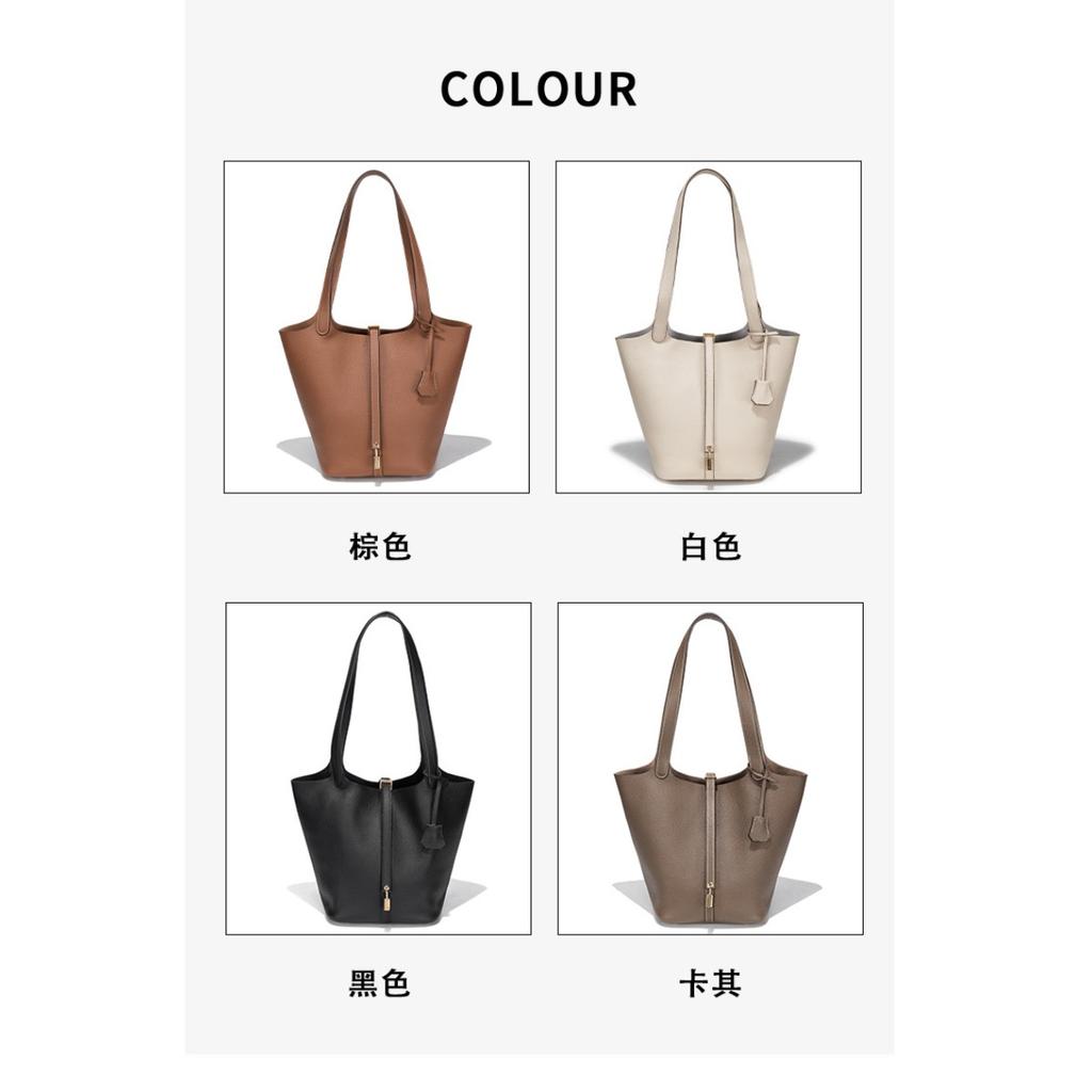 Large High-quality Leather Shoulder Vegetable Basket Bag, First-layer Cowhide, High-end Exquisite Portable Bucket Bag, Women's Bag.