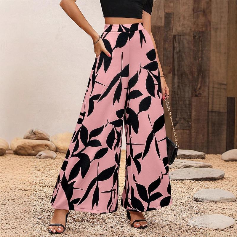 Women Summer Leaf Print High Waist Wide Leg Casual Pants S