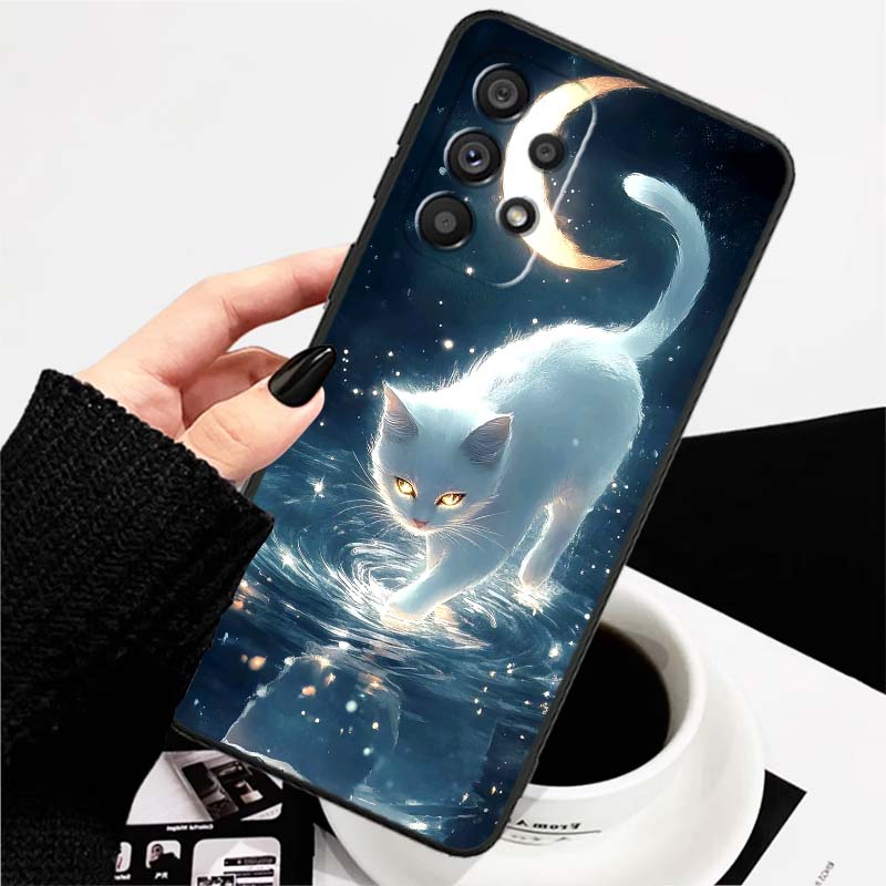 Cartoon Cat Cute For Samsung A73 A72 A71 A55 A54 A53 A52 A51 A13 A22 A16 A15 A12 A14 A26 A07 5G Black Phone Case