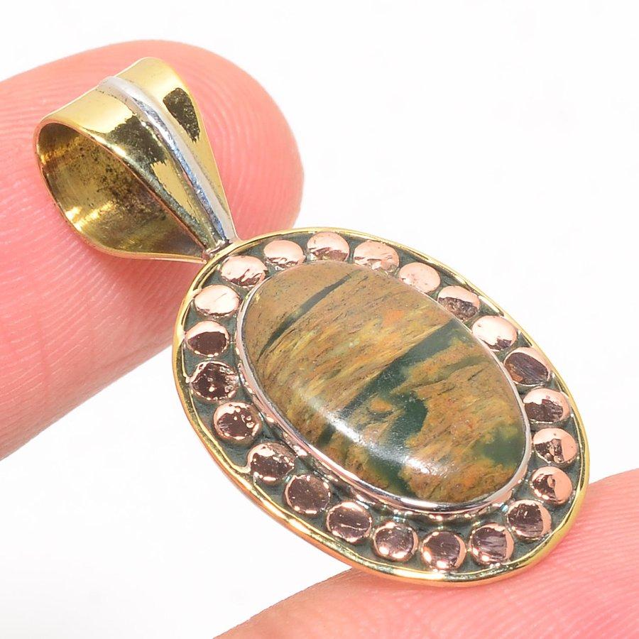 Natural Rhyolite Gemstone Two Tone 925 Solid Sterling Silver Pendant 1.25" g9Q38