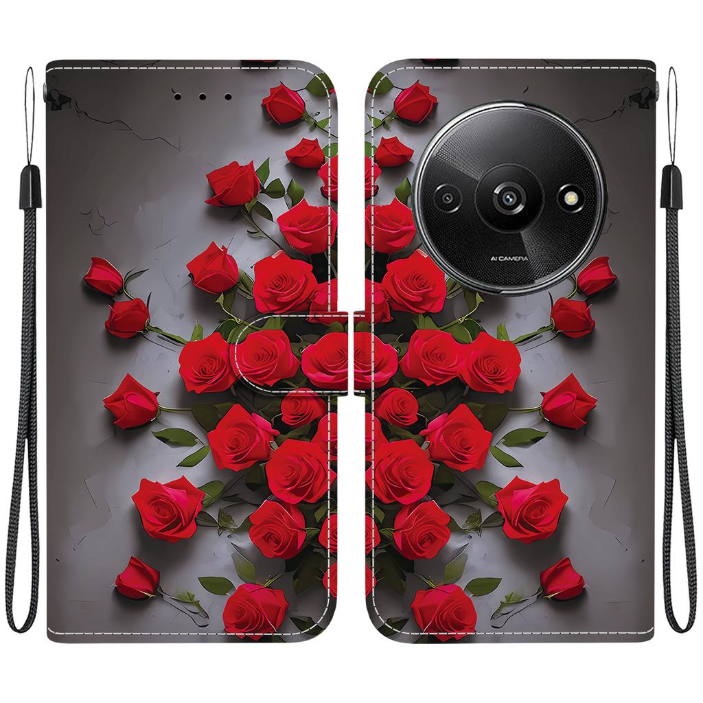 Handmade PU Leather Flip Case for Xiaomi Redmi A3 Anti-Slip Shockproof Cover with Wrist Strap & Heart/Rose Cat Designs