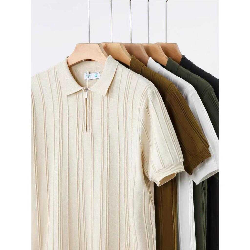 Half-Zip Knitted Short Sleeve Men's Thin Sweater T-Shirt 2025 Summer New Ice Silk Turn-Down Collar Half Sleeve