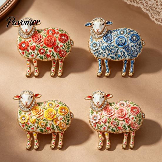 Decorative Lamb Brooch Rhinestone Floral for Women, Flower Sheep Alloy Lapel Pin Pin, Animal Jewelry Clothing Suits Scarves Bags