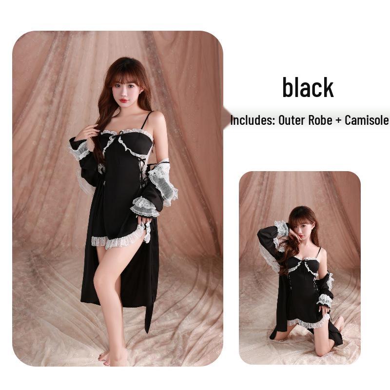 

Butterfly Muse Women s Silk Pajamas with Chest Pads, French Lace Camisole, and Robe Set (A543) M