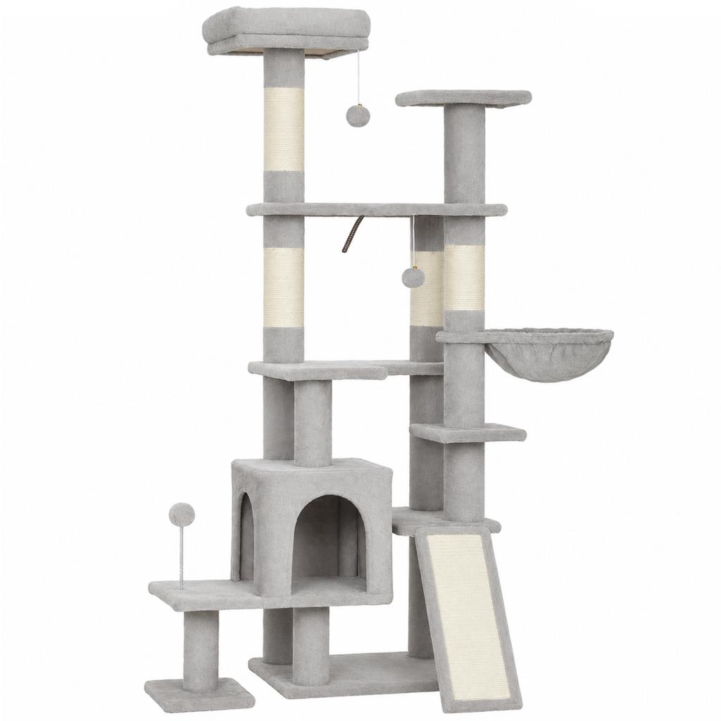 Cat Tree, 5-Level, 152 cm, Cat House, Hammock, Platform, Scratching Posts, Hanging Balls, Light Grey