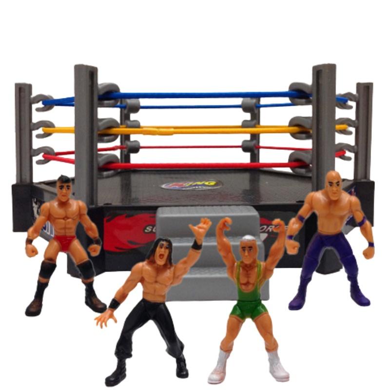 High-quality Plastic Wrestler Action Figure Set For Children's Play Includes 4 Wrestlers And A Four-sided Arena