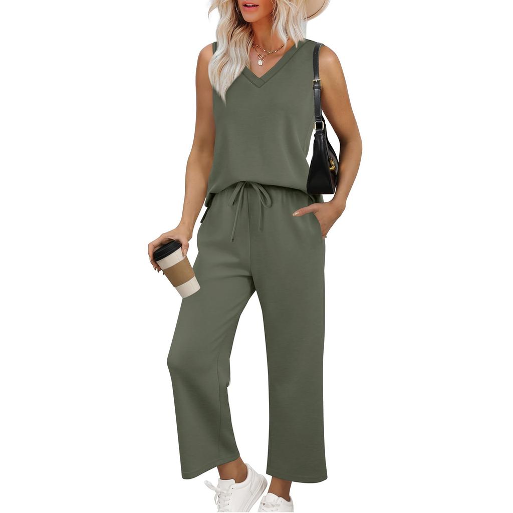 Women's Casual Fashion Sleeveless V-Neck Loose Wide Leg Pants Set