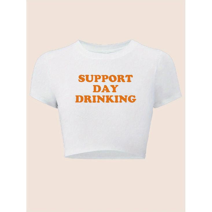 Letter-printed short-sleeved round-neck top, casual slim-fit, cropped T Shirt S белый