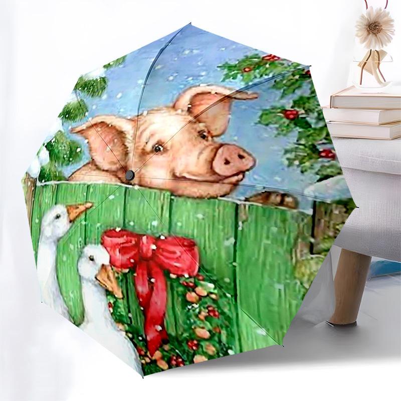 

1pc Christmas Pig with Geese Automatic Opening Umbrella, Portable Tri-Fold Design, 8-Bone Iron Frame Outdoor Umbrella, Festive Gift for Fans, Traveler