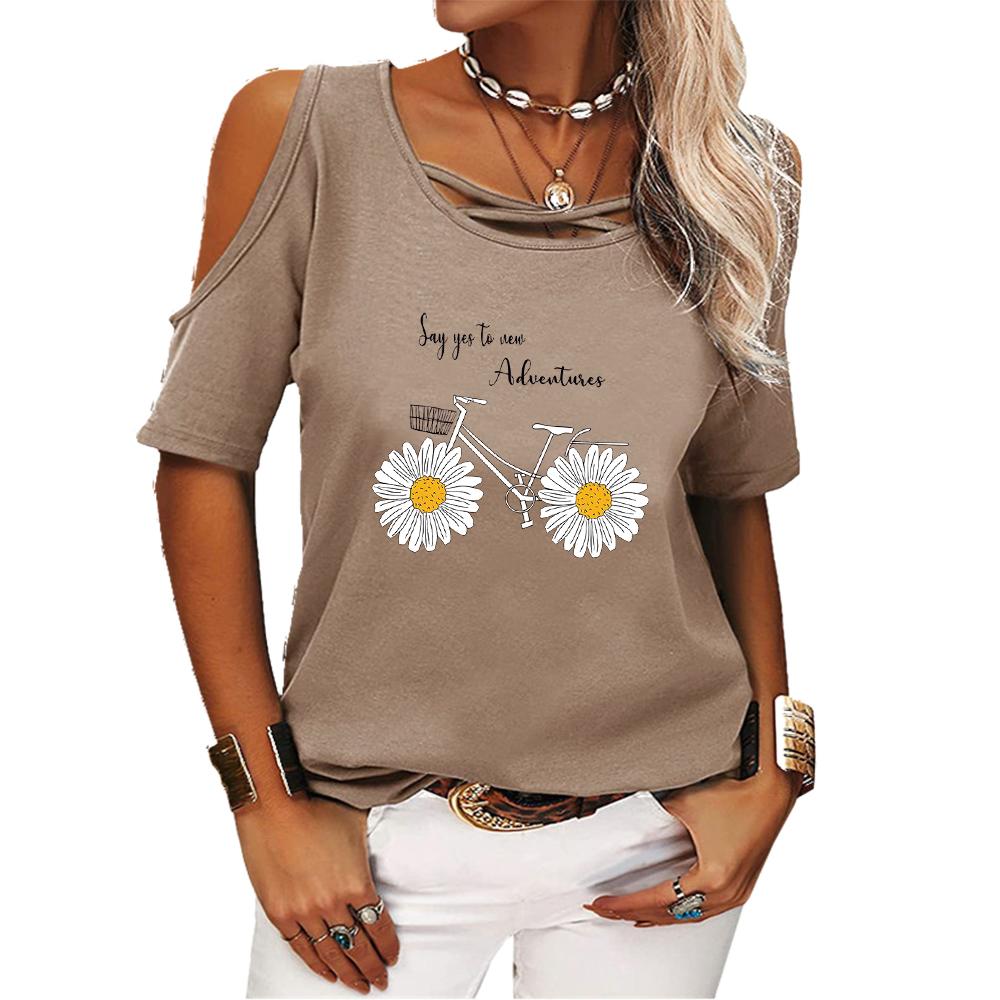 Dámská móda Top s odhalenými rameny Letní potisk Tričko s krátkým rukávem Dámské ležérní tričko s kulatým výstřihem