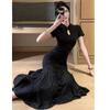 New Chinese style dark flower improved cheongsam women's summer waist thin dress buckle design hip fish tail skirt
