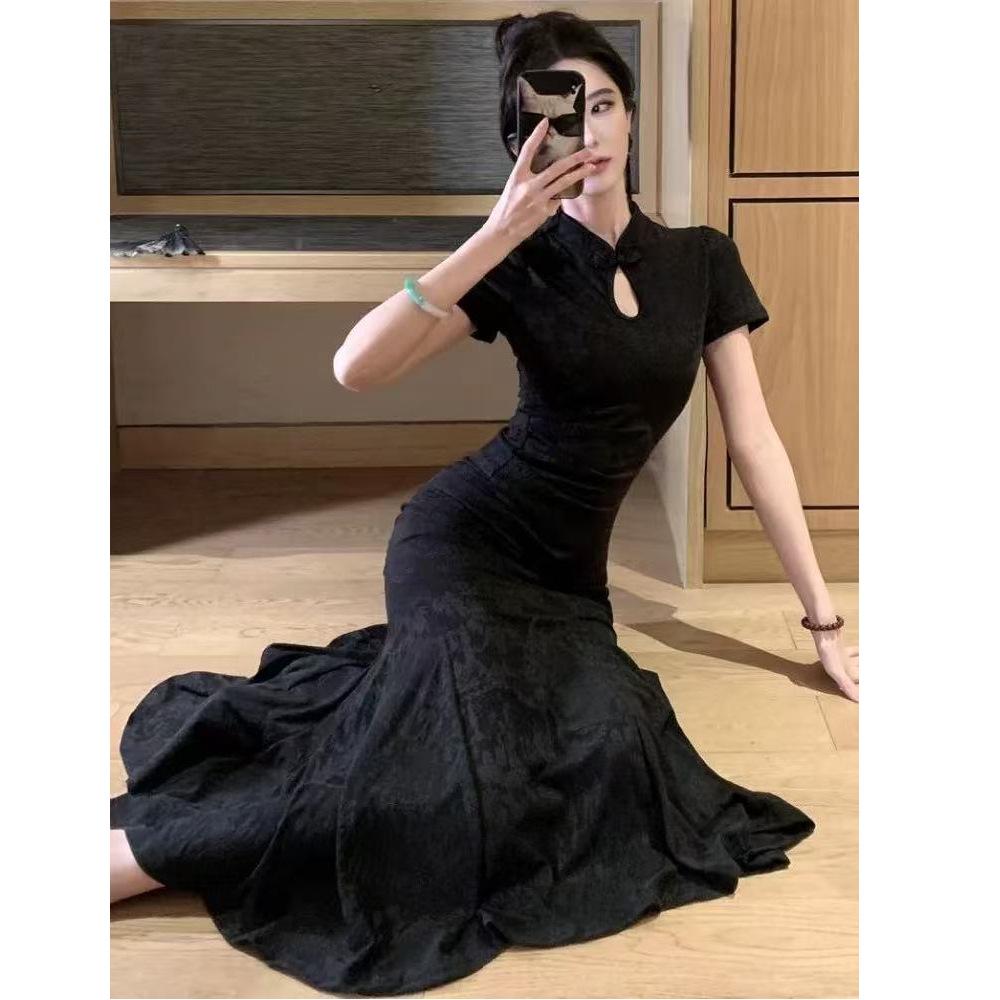 New Chinese style dark flower improved cheongsam women's summer waist thin dress buckle design hip fish tail skirt