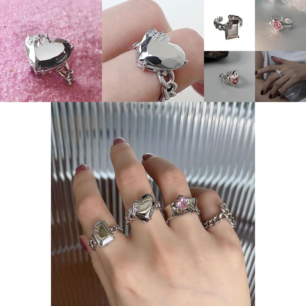 Elegant Korean Style Adjustable Heart Shaped Ring With Geometric Design For Women