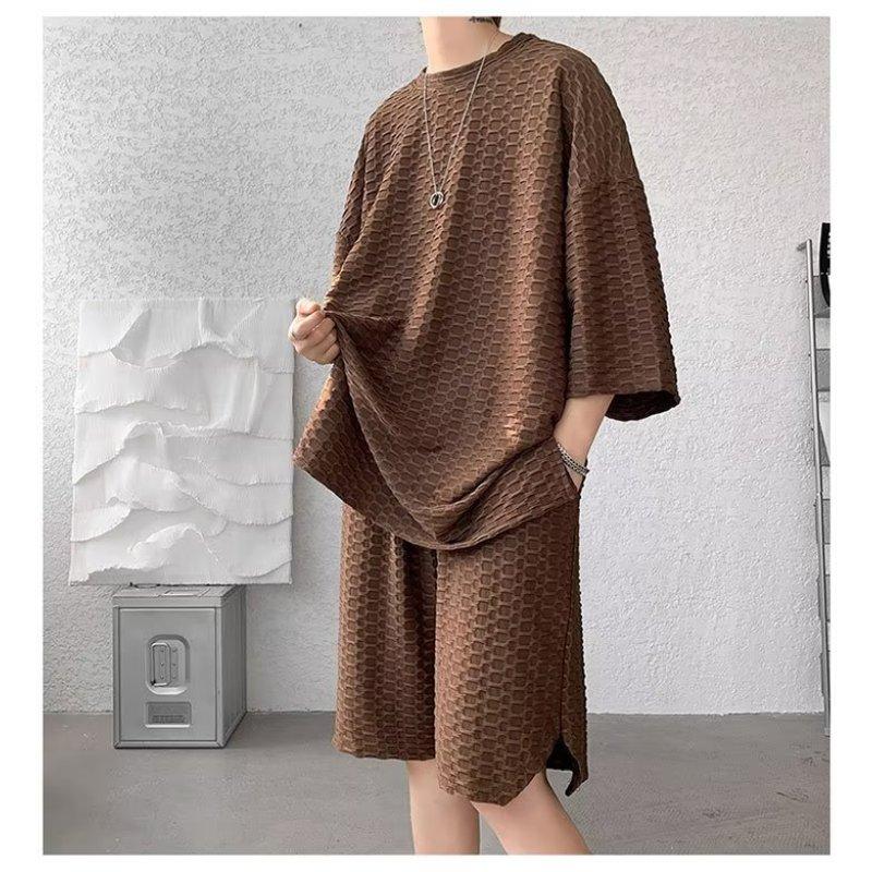 Men's Summer Solid Color Loose Sports Suit Round Neck Short Sleeve + Shorts 2-piece Set