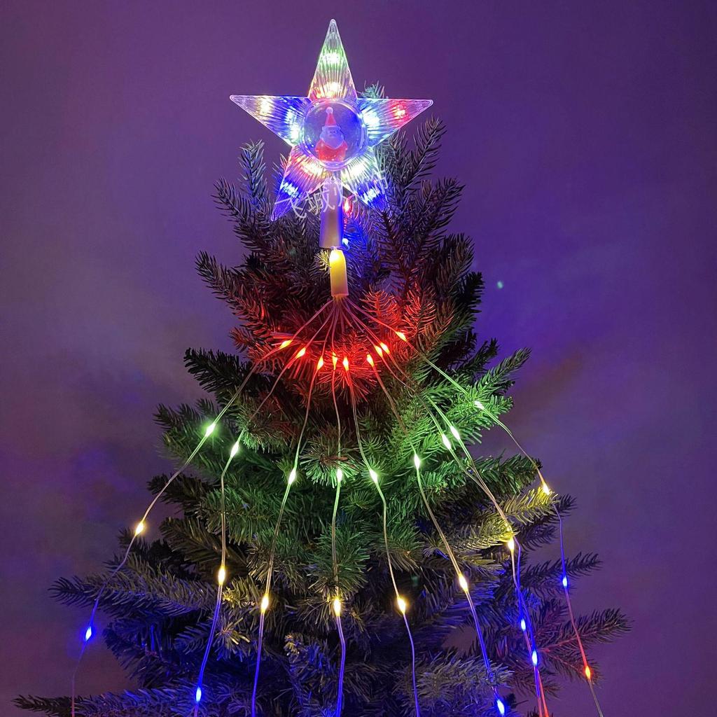 LED Solar Santa Pentagram Waterfall String Lights - Copper Wire Star Fairy Lights for Christmas Tree & Courtyard Decorations