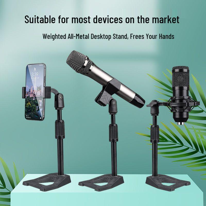 Lai Xiao Desktop Microphone Stand with Condenser Mic Shock Mount, Phone Holder, and Weighted Base