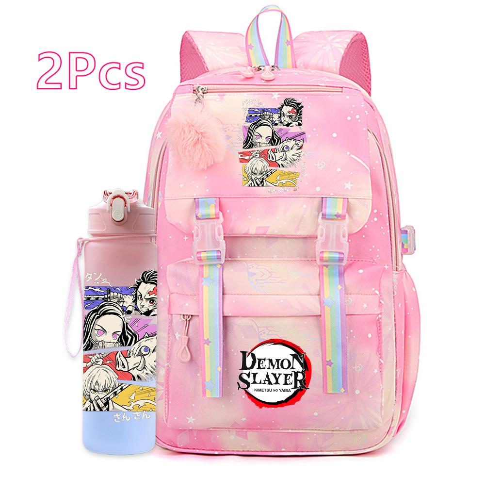 2Pcs/set Cartoon Demon Slayer Printed Backpack with 750Ml Water Bottler for Teenager Bookbag Large Capacity Waterproof Travel Bag