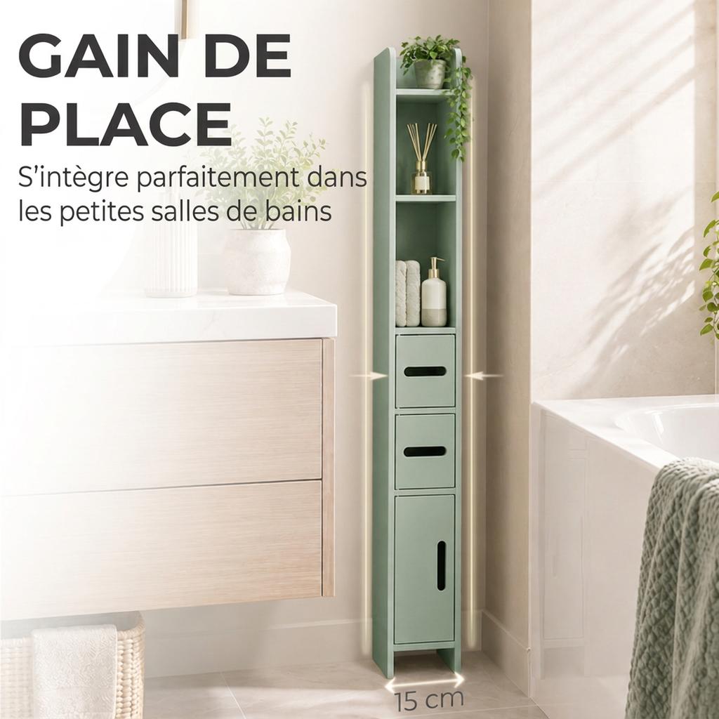 Bathroom Column Cabinet, Tall Toilet Storage with Shelves and Cupboards - 15 x 17 x 120 cm, Light Green
