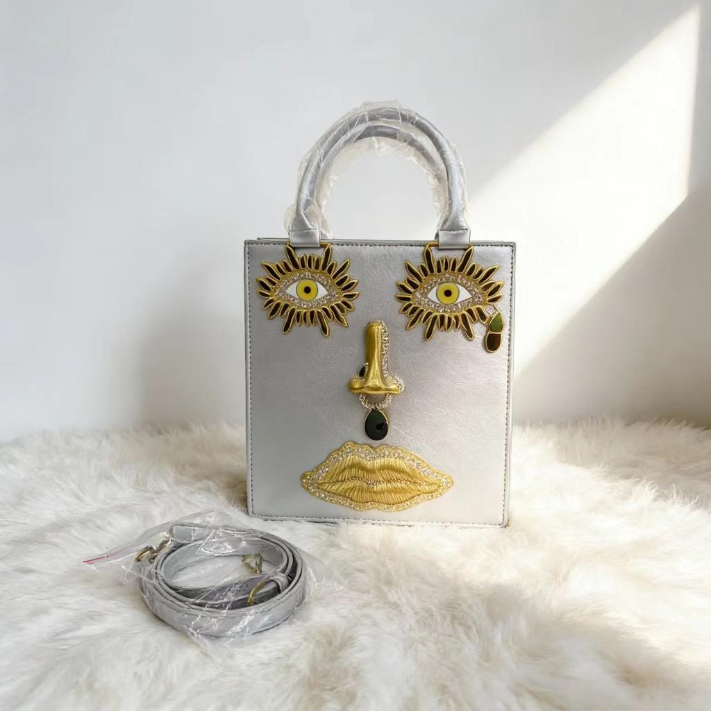 2026 Face Handbag Female Fashion Silver Lacquer Leather Small Square Bag