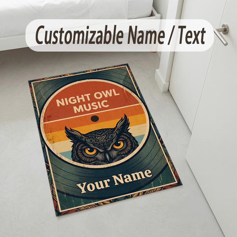 Night Owl Art Theme Soft Crystal Velvet Rug Custom Name & Text Print Non Slip Floor Rug for Bedroom Living Room