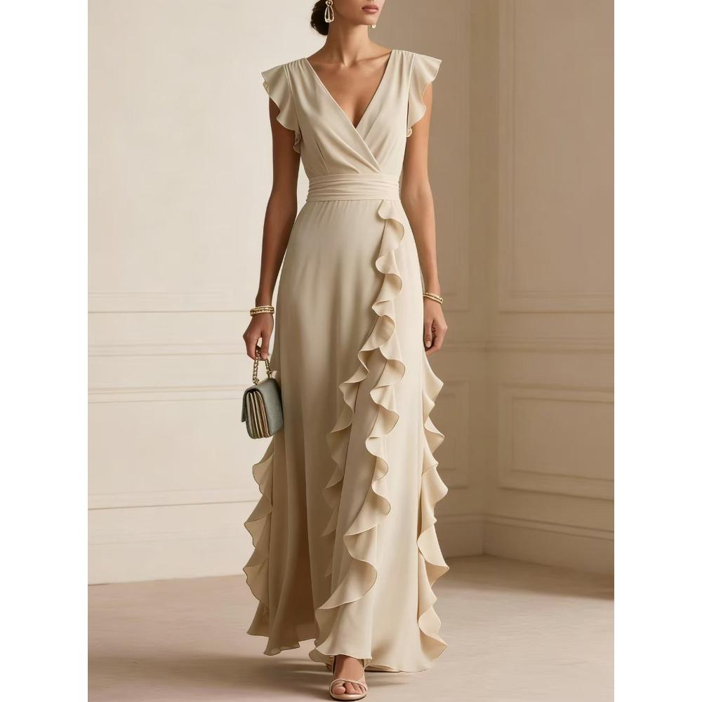 

European and American Women s Clothing, Independent Station, Solid Color, Pleated, Short-sleeved V-neck, Dress, Long Dress. S абрикосовый