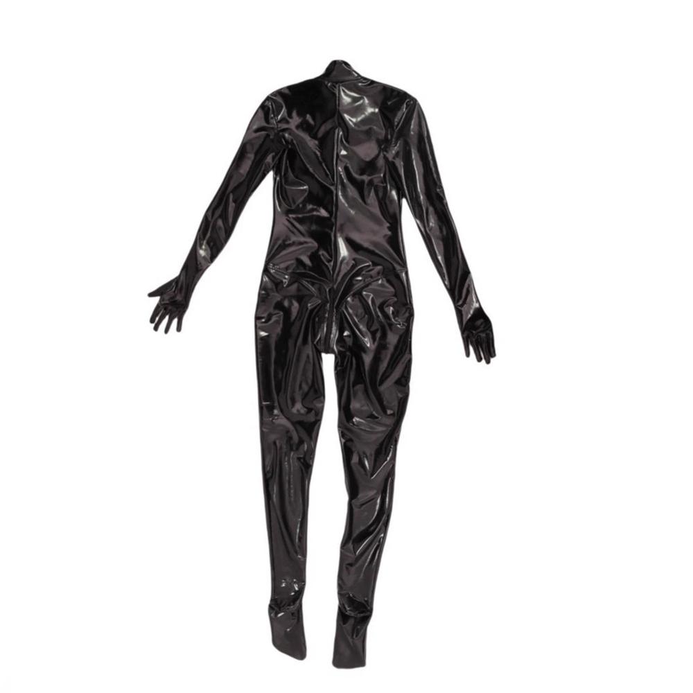 Sexy Women Pu Glove Sleeve Full Body Jumpsuit Zipper Crotch Bodysuit Sexy Tights Faux Leather Open Bust Stage Maid Leotard