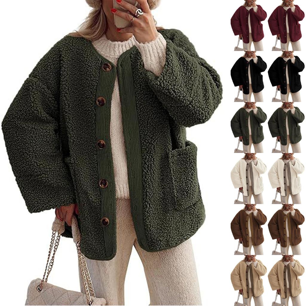 Women's Solid Color Collarless Casual Long Sleeved Button Down Plush Lamb Wool Jacket Jacket