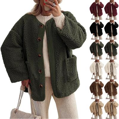 Women's Solid Color Collarless Casual Long Sleeved Button Down Plush Lamb Wool Jacket Jacket