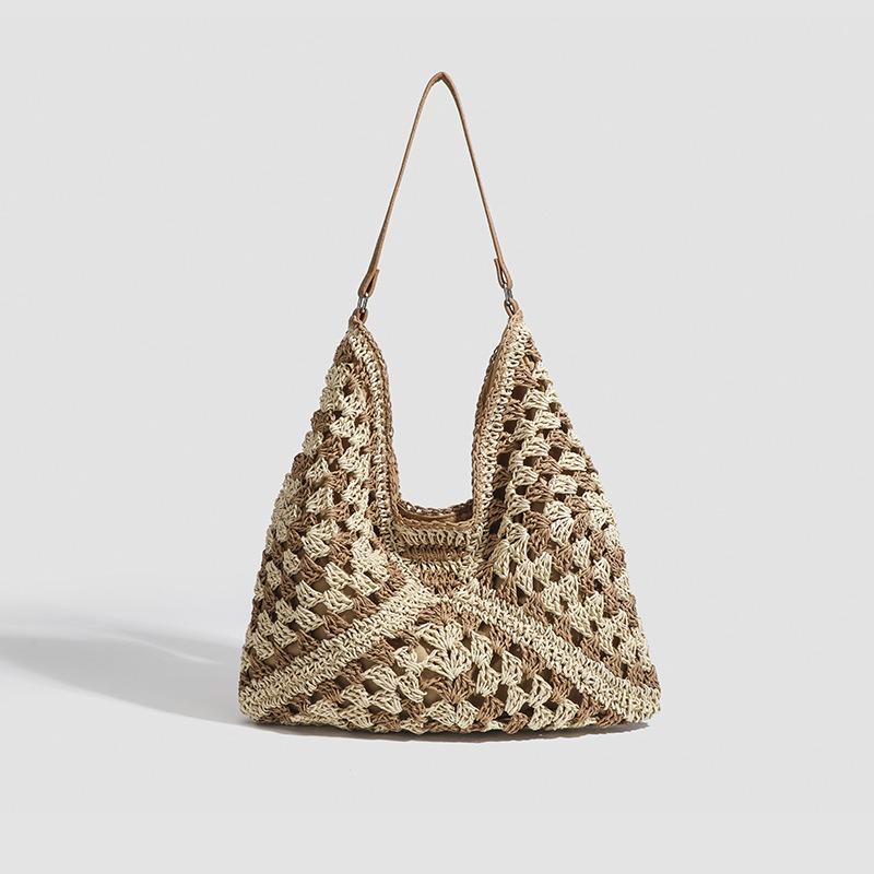 Woven Bag Seaside Straw Hollow Bag Square Flower Triangle Color Contrast Woven Shoulder Tote Handbag