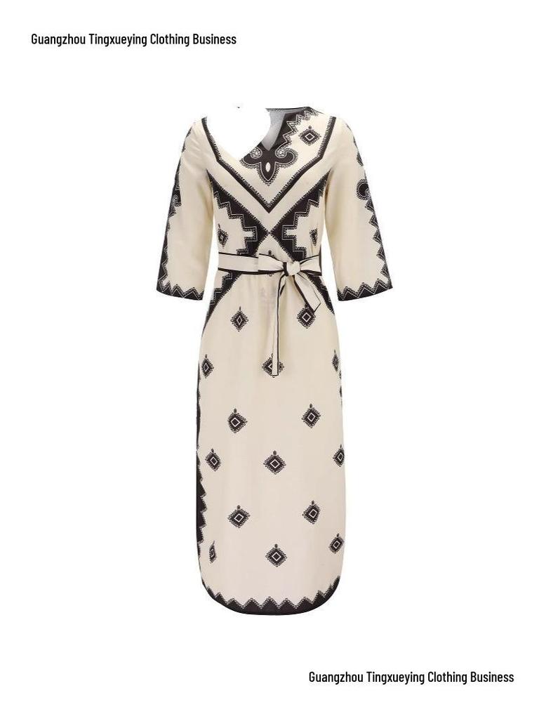 European & American Bohemian Printed Belt Dress - Autumn/Winter Women's Fashion.