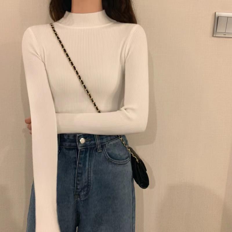 Winter Half Turtleneck Women's Sweater Knitted Pullover Soft Slim Long Sleeve Top Solid Color Basic Jumper Woman Clothing