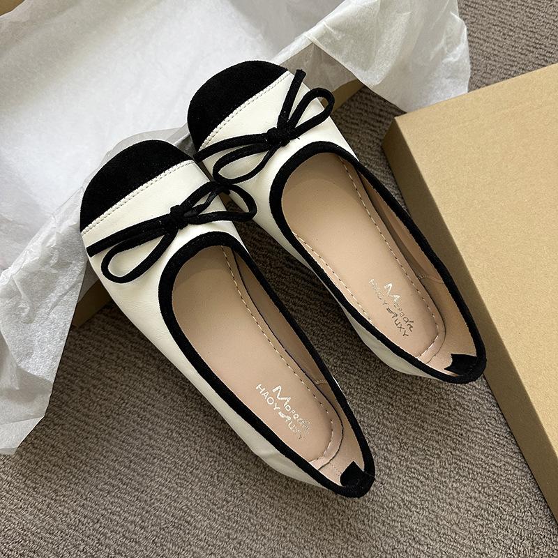 French Splicing Bow Shallow Mouth Gentle with Skirt Single Shoes 2025 New Spring and Autumn Beanie Shoes Fashion Shoes