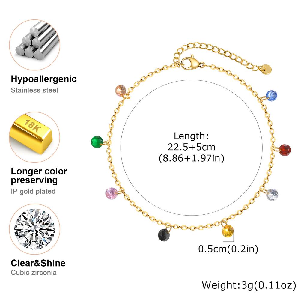 Vnox Elegant Colored Zircon Anklets For Women Stainless Steel Dainty Stone Accessories Chain Anklets Summer Style Jewelry Beach