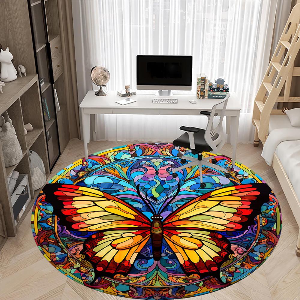 1pc Butterfly StainedGlass Office Round Area Rug, Indoor Mat Suitable ForOffice, Under Office Chairs Bedroom Living Room Home Decor, Room Decot022