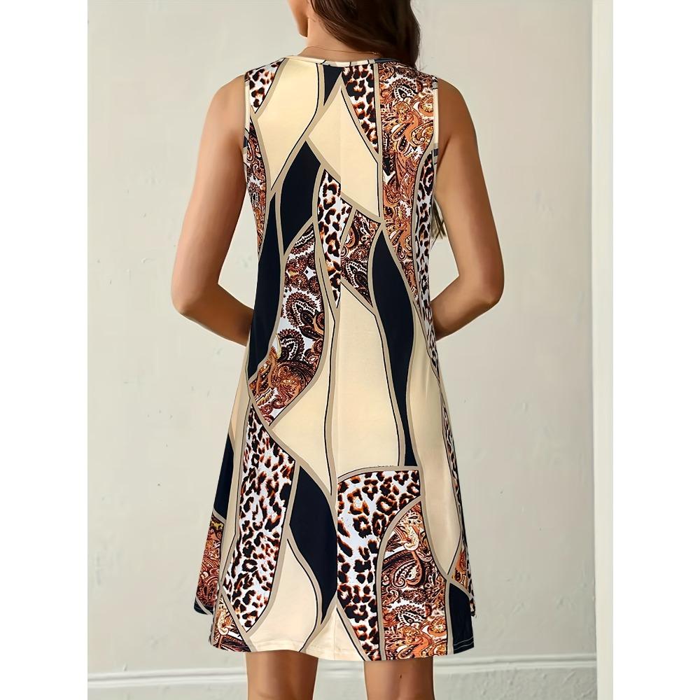 Women's Leopard Paisley Patchwork Print Sleeveless Dress Summer Casual Round Neck Loose Swing Sundress