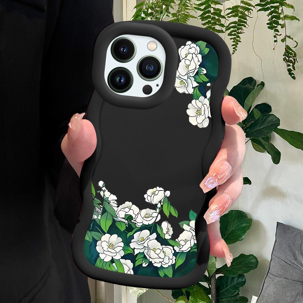 White Flowers Pattern Phone Cover for iPhone 11 12 13 14 15 Pro Max 6 6S 7 8 Plus Xs Wave Edge Shockproof Protective Rubber Case
