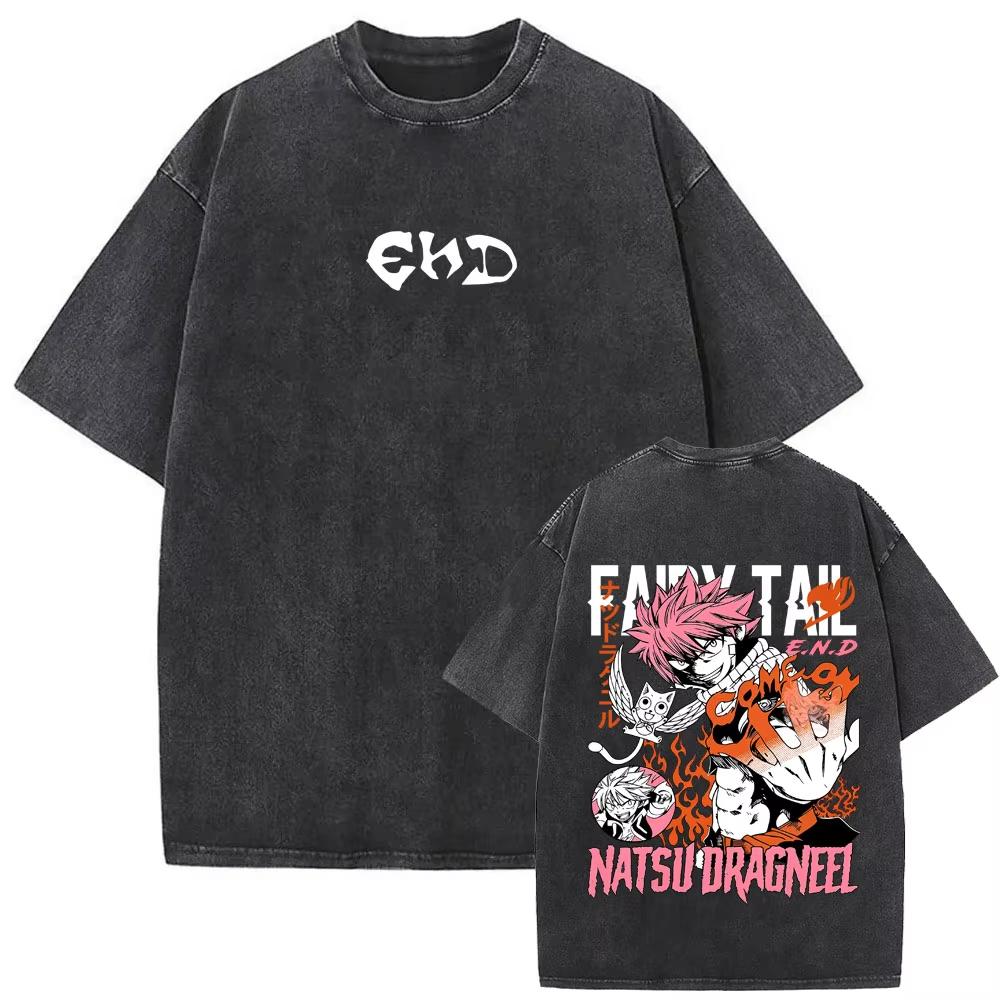 Summer Hot Sale Anime Fairy Tail Vintage Washed T-shirt Y2K Men Women Hip Hop Punk Streetwear Oversized T-shirt