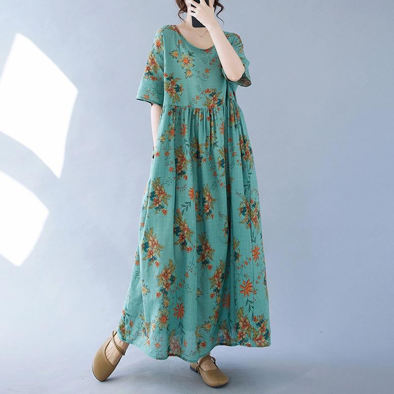Short Sleeve Plus Size Cotton Vintage Floral New In Dresses for Women Casual Loose Long Summer Dress