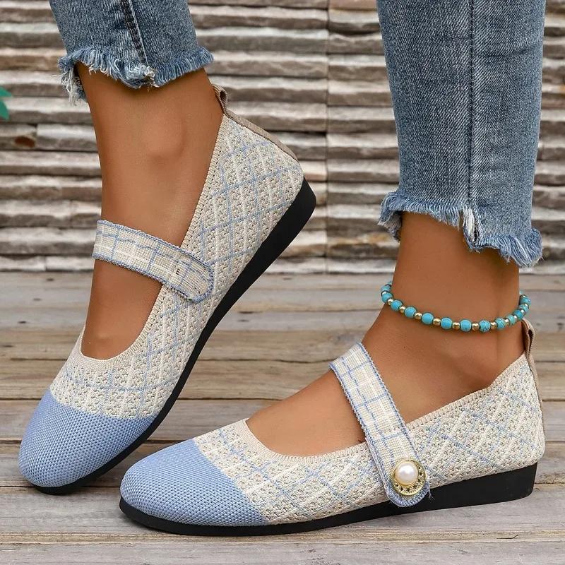 

Весенняя и осенняя женская обувь высокого качества, модная, с круглым носком и неглубоким вырезом, с цветными блоками, сетчатая, дышащая, женская обувь на плоской подошве 43