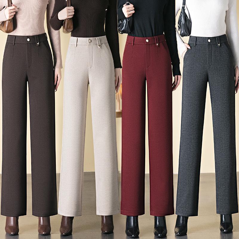 Women's High-Waist Acetate Wool Straight-Leg Pants: Warm, Velvet-Lined, for Autumn/Winter