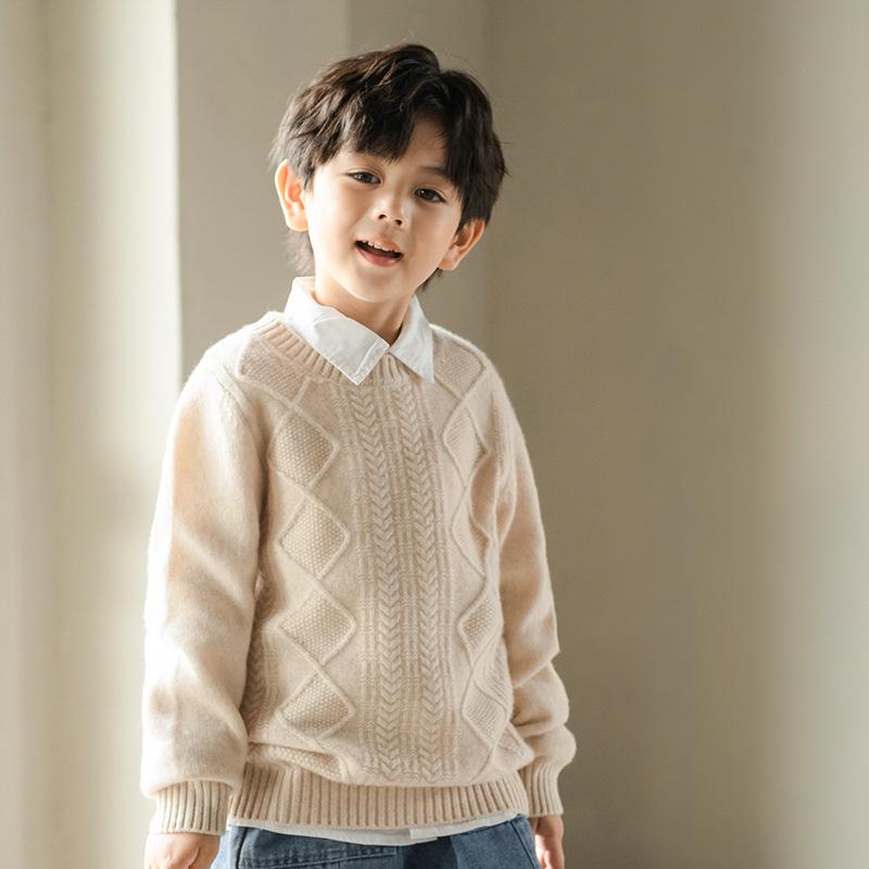 Children's 100% Wool Cable Knit Sweater - Unisex Round Neck for Autumn/Winter