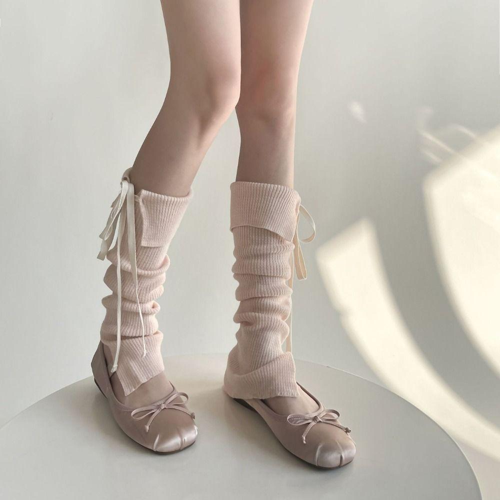 Bow Tie Lace Up Leg Warmers Y2K Knee High Socks Solid Color Women's Stockings Autumn