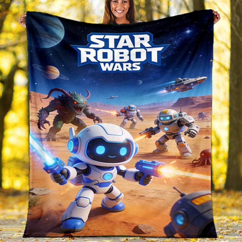 

Cosmic Bot Crew Fleece Blanket, Space Robot Throw 80cm x 120cm