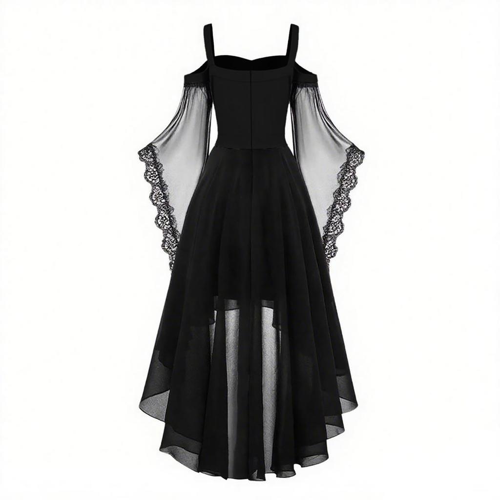 Vestito casual da donna con spalle scoperte e taglie forti, in chiffon, tinta unita, con maniche a farfalla, stile gotico