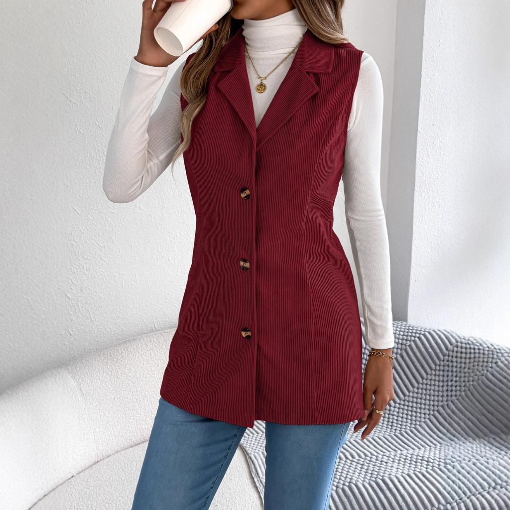 QICED Autumn and Winter Casual Single-breasted Suit Collar Corduroy Vest Jacket for Women
