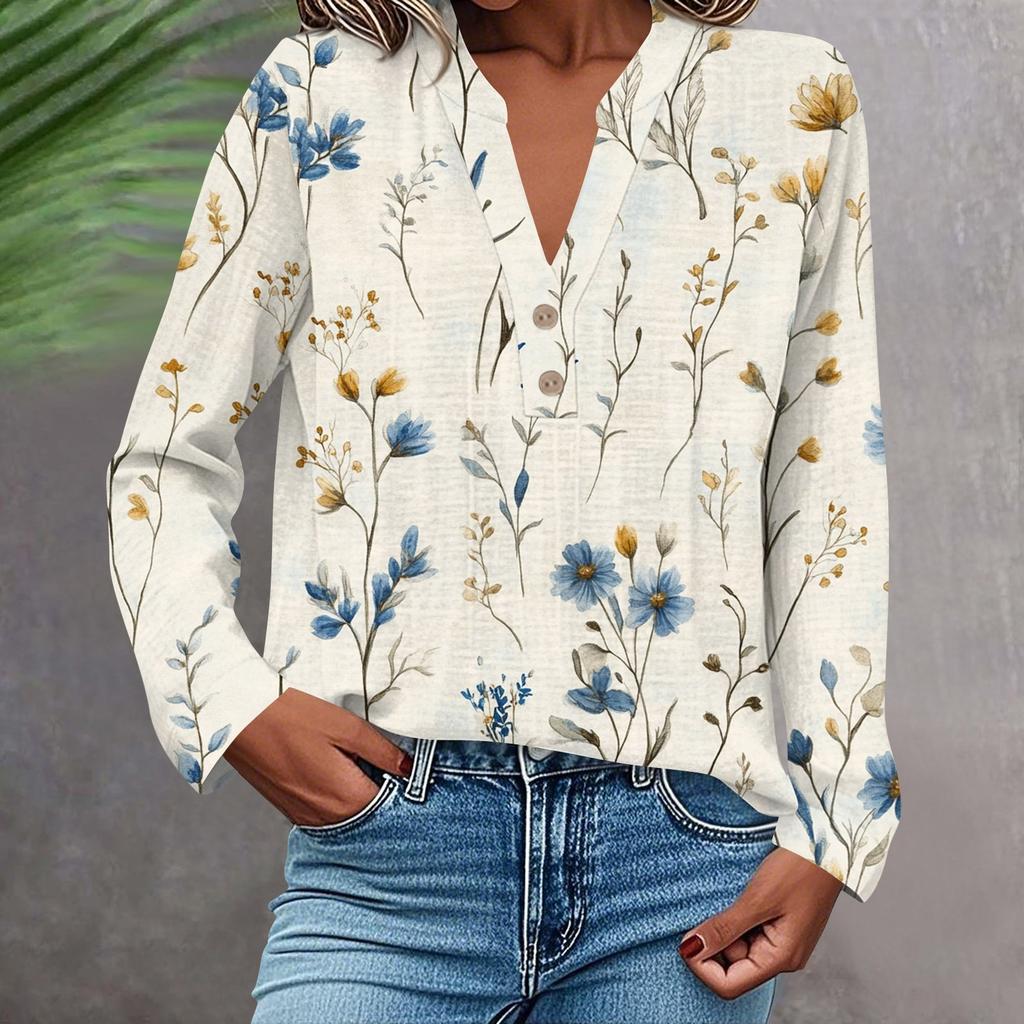 Women's Fashionable And Casual Shirt Long Sleeve V-neck Button Printed Blouse Top