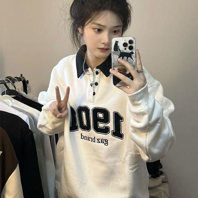 Japanese Harajuku Thin Lapel Sweatshirt: Women's Loose Korean-style Polo Collar Top
