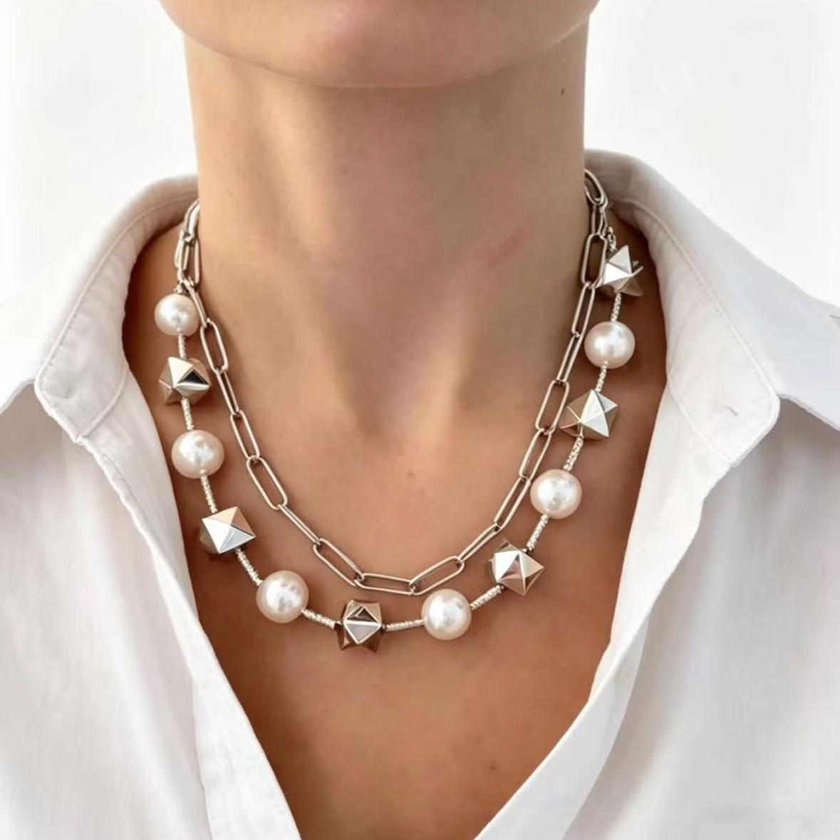 

Accessories, retro beaded collarbone chain, casual multi-layer metal necklace