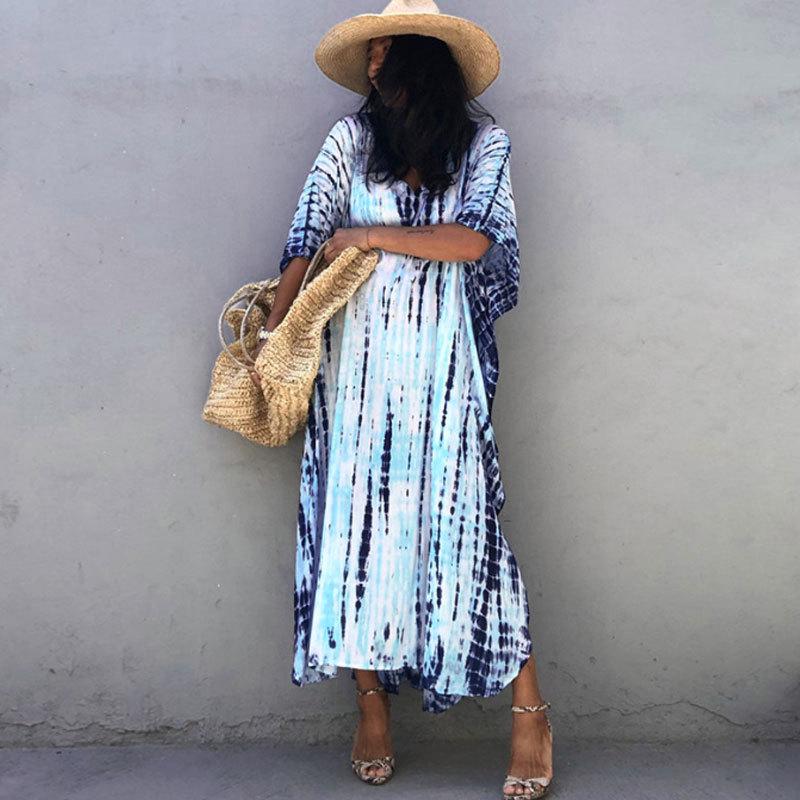 European & American Tie-dye Rayon Beach Dress: Loose, Long Seaside Vacation Robe & Bikini Cover-up with Sunscreen Shirt for Women