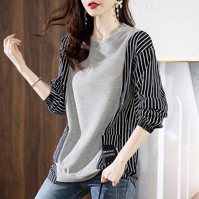Spring, Autumn and Winter Large Size Sweatshirt Women's New Loose Slim Round Neck Top Casual Lazy Fake Two-Piece Top